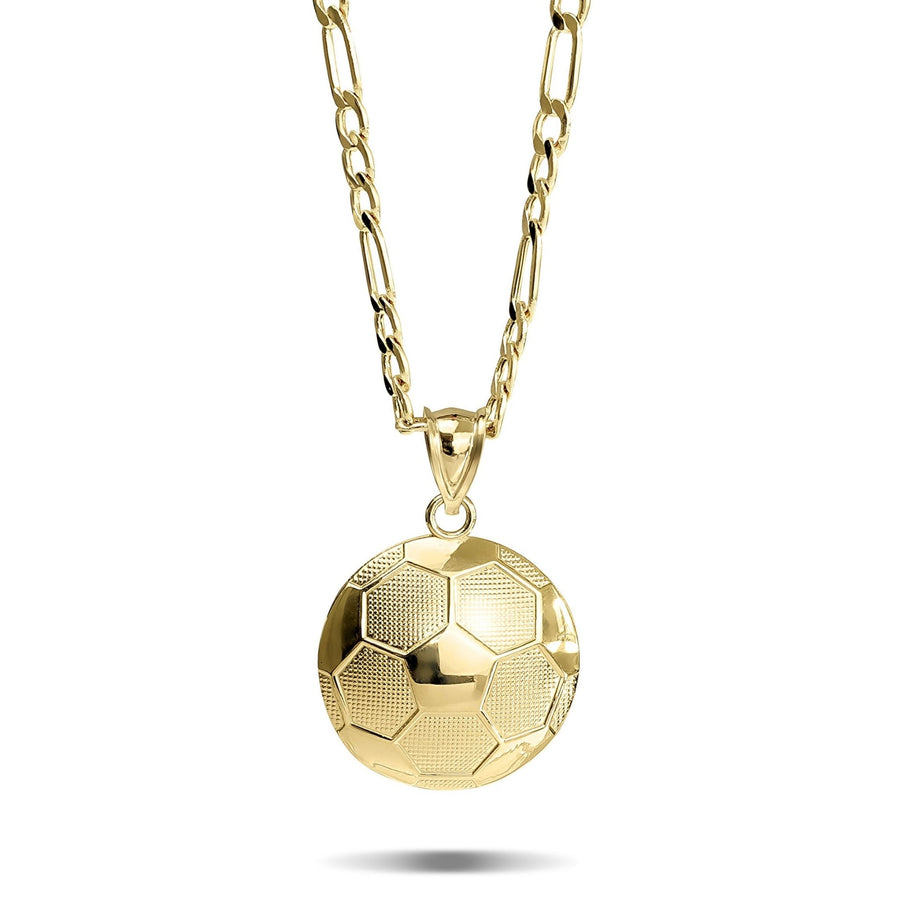 A gold soccer ball pendant necklace on a gold chain, shown against a plain white background with a soft shadow underneath.