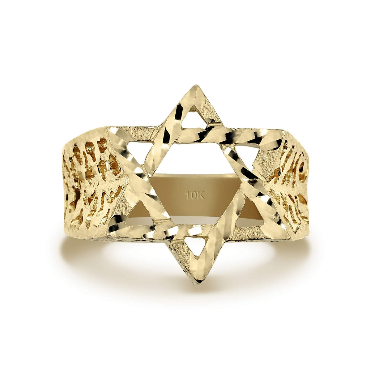 Front view of 10k gold Star of David ring showing the diamond-cut nugget band.