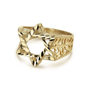 Side-angle view of 10k gold Star of David ring highlighting the nugget-style band.
