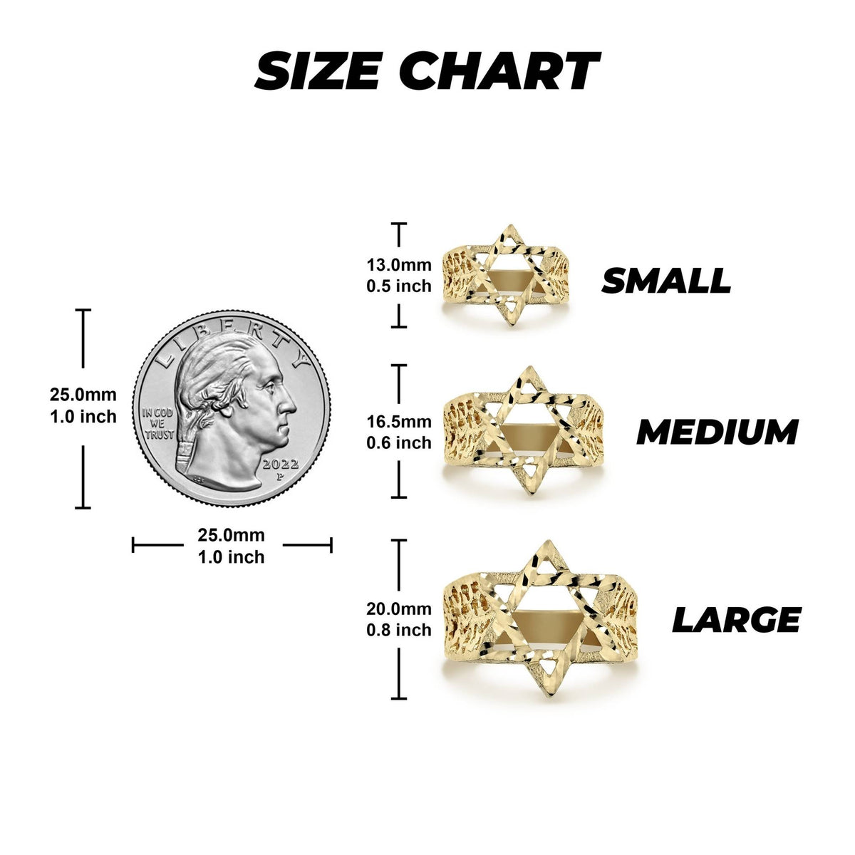 Ring size chart comparing small, medium, and large gold Star of David rings to a quarter.