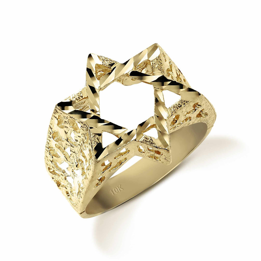 10k yellow gold Star of David ring with a diamond-cut nugget style band.