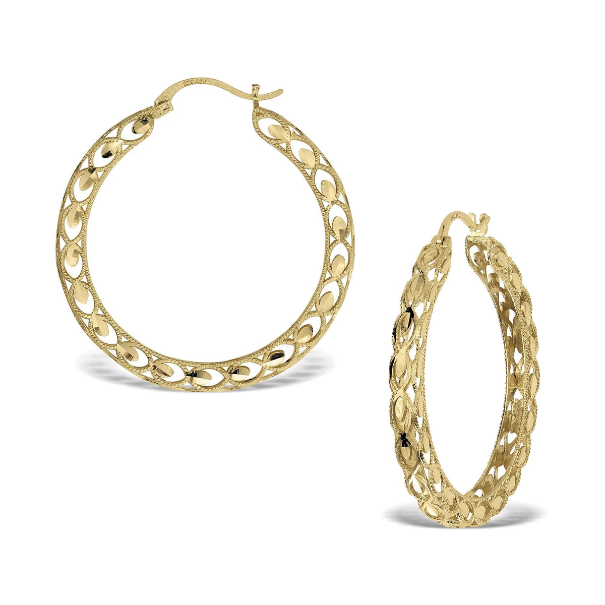 A pair of 10k yellow gold round Turkish hoop earrings featuring an intricate satin-finish pattern.