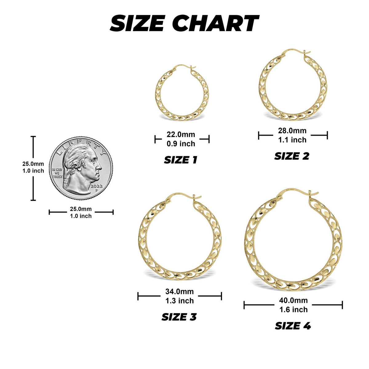 Size chart comparing four Turkish hoop earring sizes against a U.S. quarter for scale.