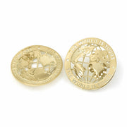 Close-up front view of round 10k gold World Is Yours globe stud earrings.