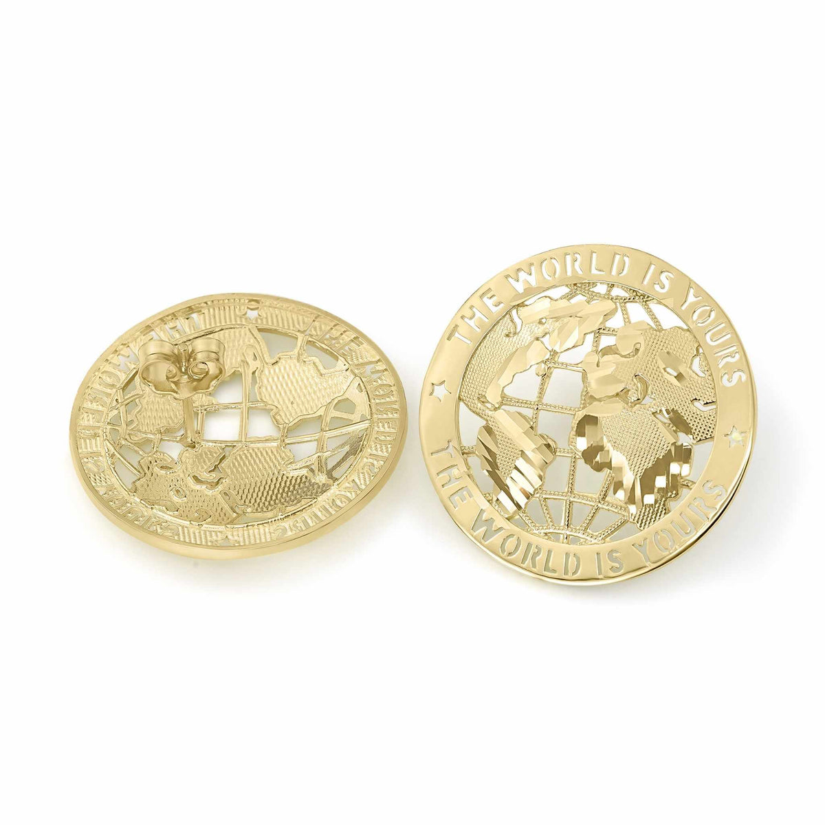 Close-up front view of round 10k gold World Is Yours globe stud earrings.