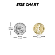 Size chart comparing round 10k gold World Is Yours earring to a US quarter.