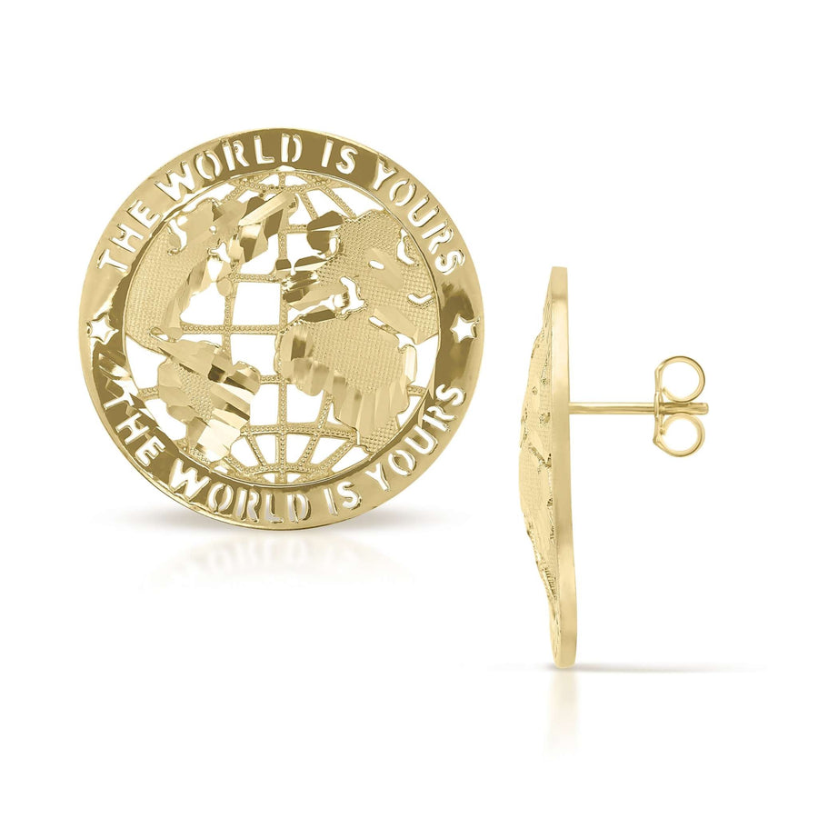 Round 10k gold stud earrings featuring a cut-out globe and "World Is Yours" text.