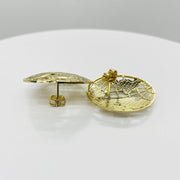 Side view of 10k gold globe stud earrings showing posts and butterfly backs.