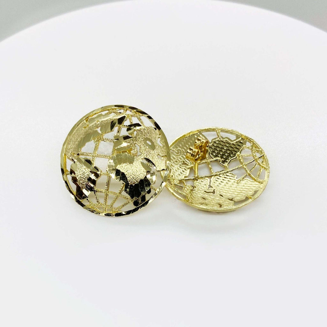 Pair of 10k yellow gold globe stud earrings featuring a detailed cut-out world map.
