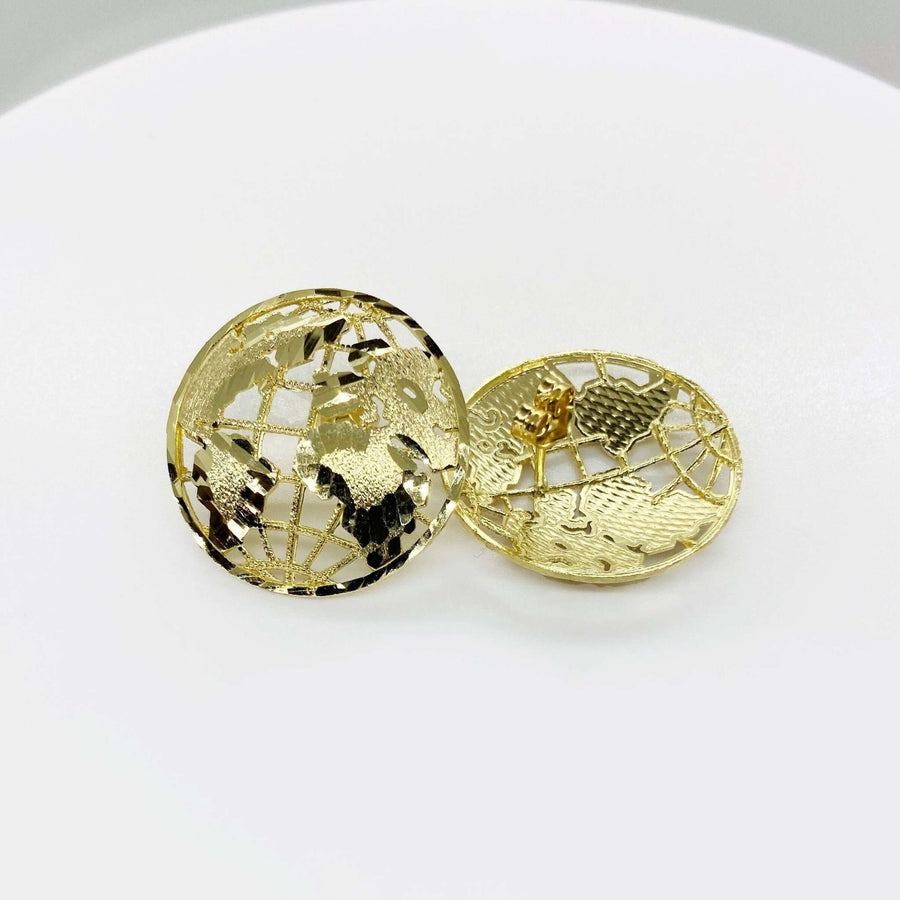 Pair of 10k yellow gold globe stud earrings featuring a detailed cut-out world map.