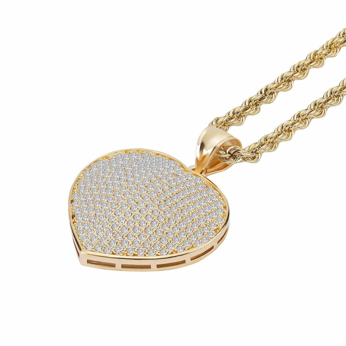 10k yellow gold pavé-set CZ heart pendant hanging from a matching rope chain.