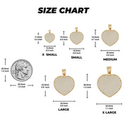 Size chart displaying dimensions for X Small, Small, Medium, Large, and X Large 10k gold heart pendants alongside a U.S. quarter.