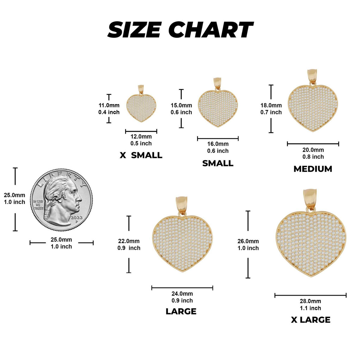 Size chart displaying dimensions for X Small, Small, Medium, Large, and X Large 10k gold heart pendants alongside a U.S. quarter.