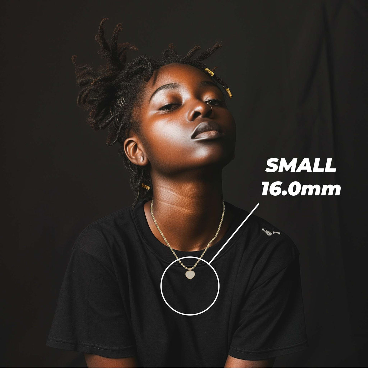 Lifestyle product photo displaying the Small 16.0mm CZ heart pendant.