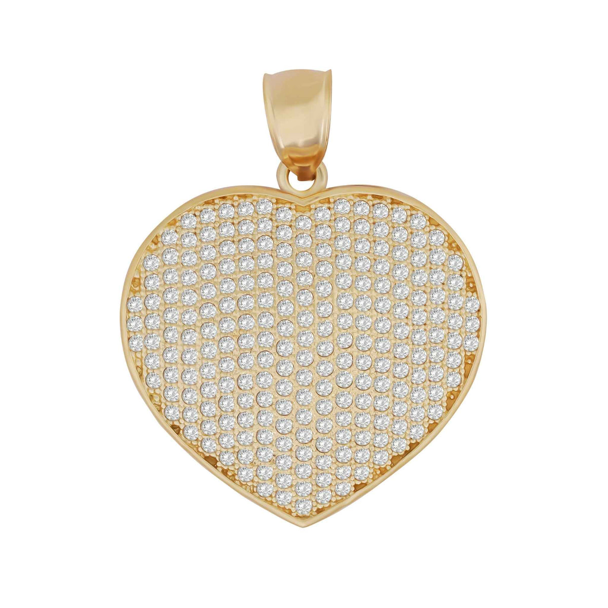 10k yellow gold convex heart pendant completely pavé-set with sparkling cubic zirconia stones.