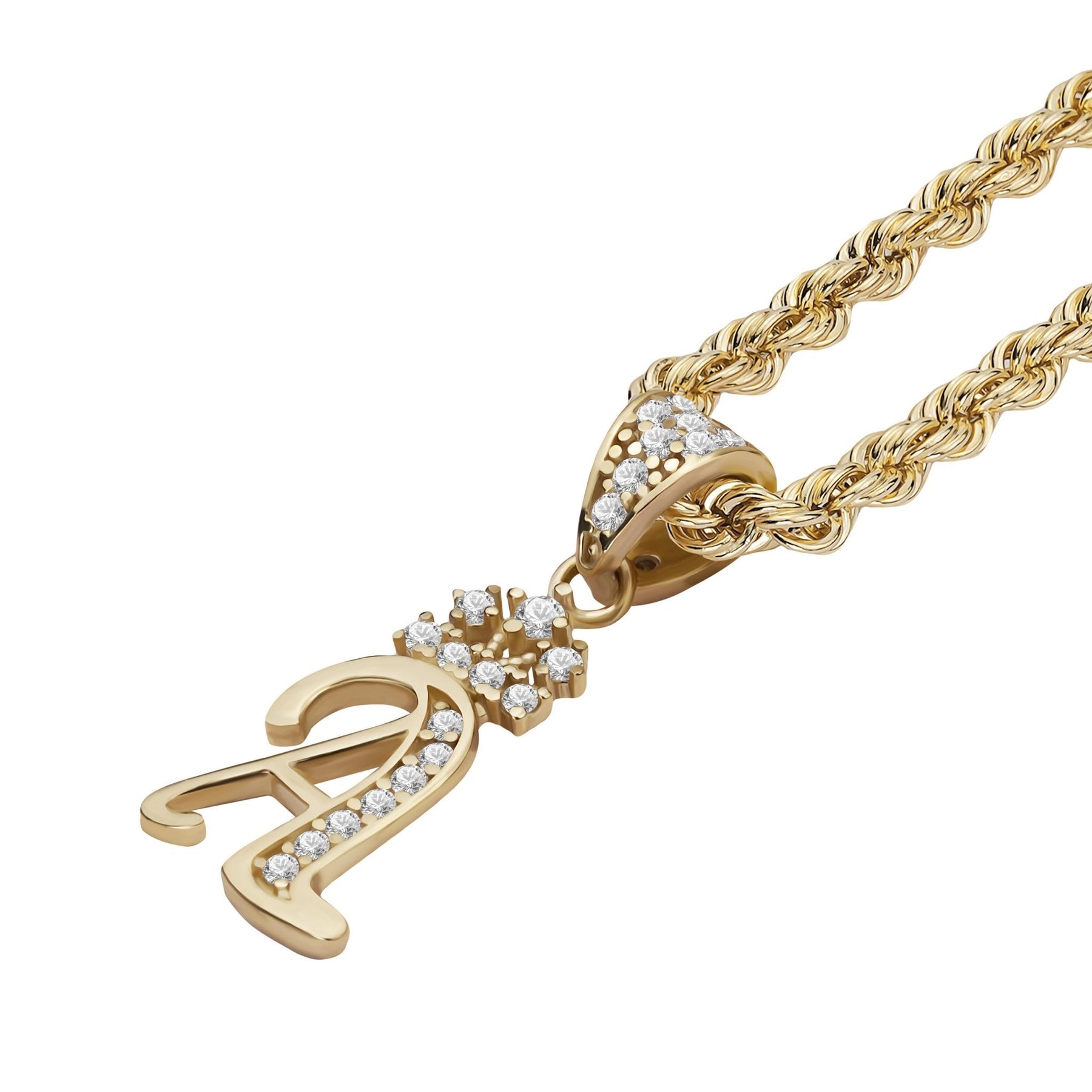 10k yellow gold cursive initial "A" pendant with a crown and CZ stones on a rope chain.