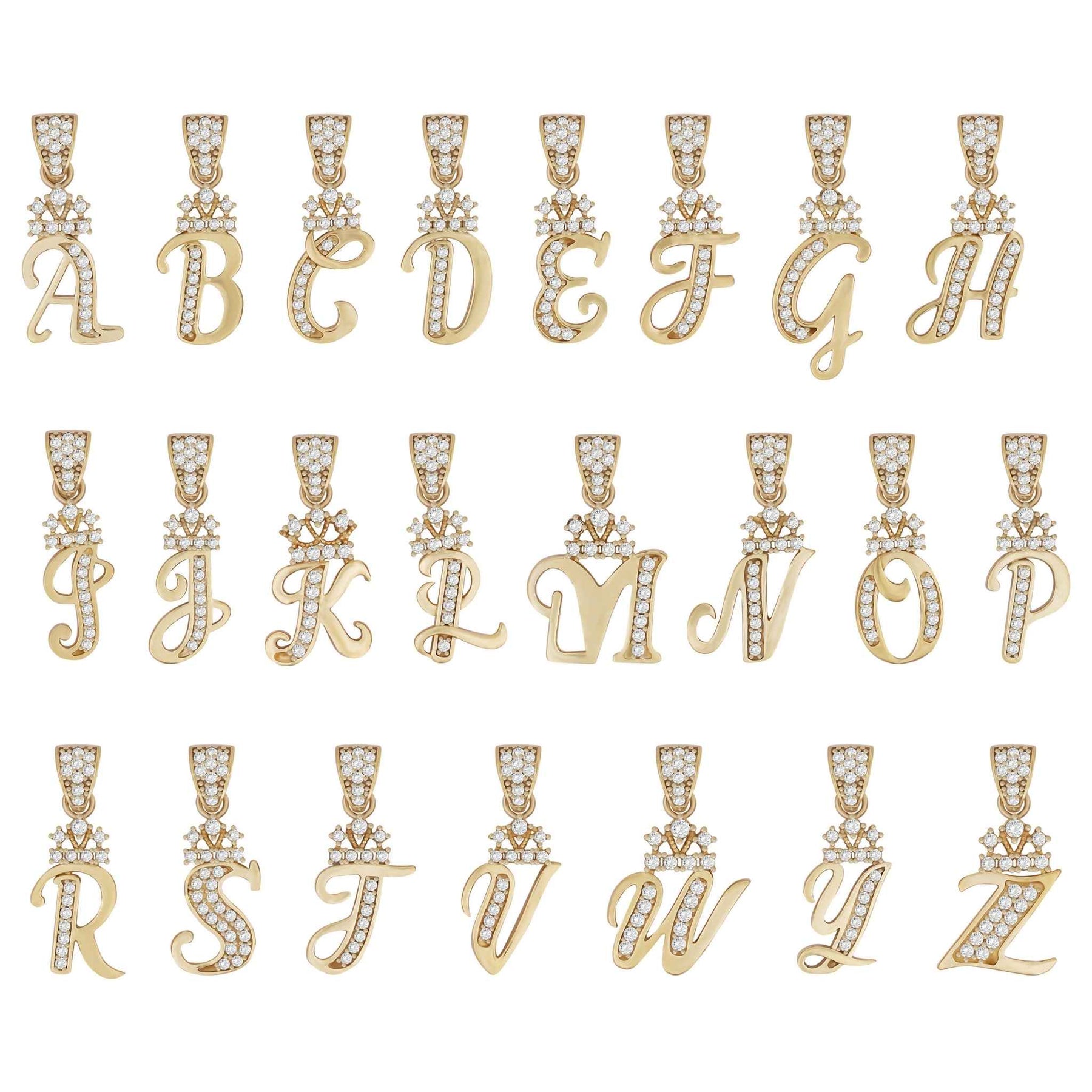 Complete set of 10k yellow gold cursive initial pendants from A to Z with crown details.