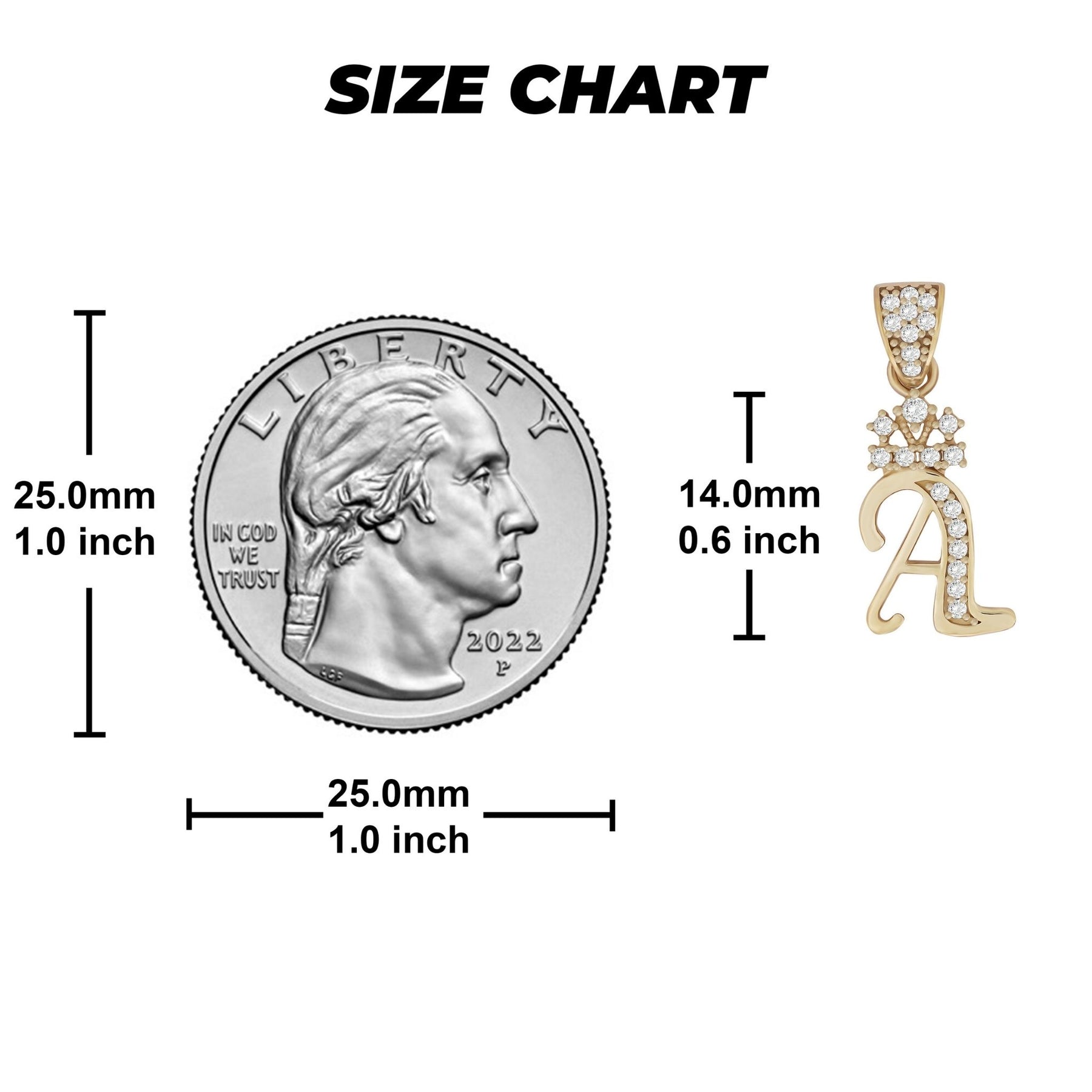 Size chart showing the 10k gold initial pendant dimensions compared next to a coin.