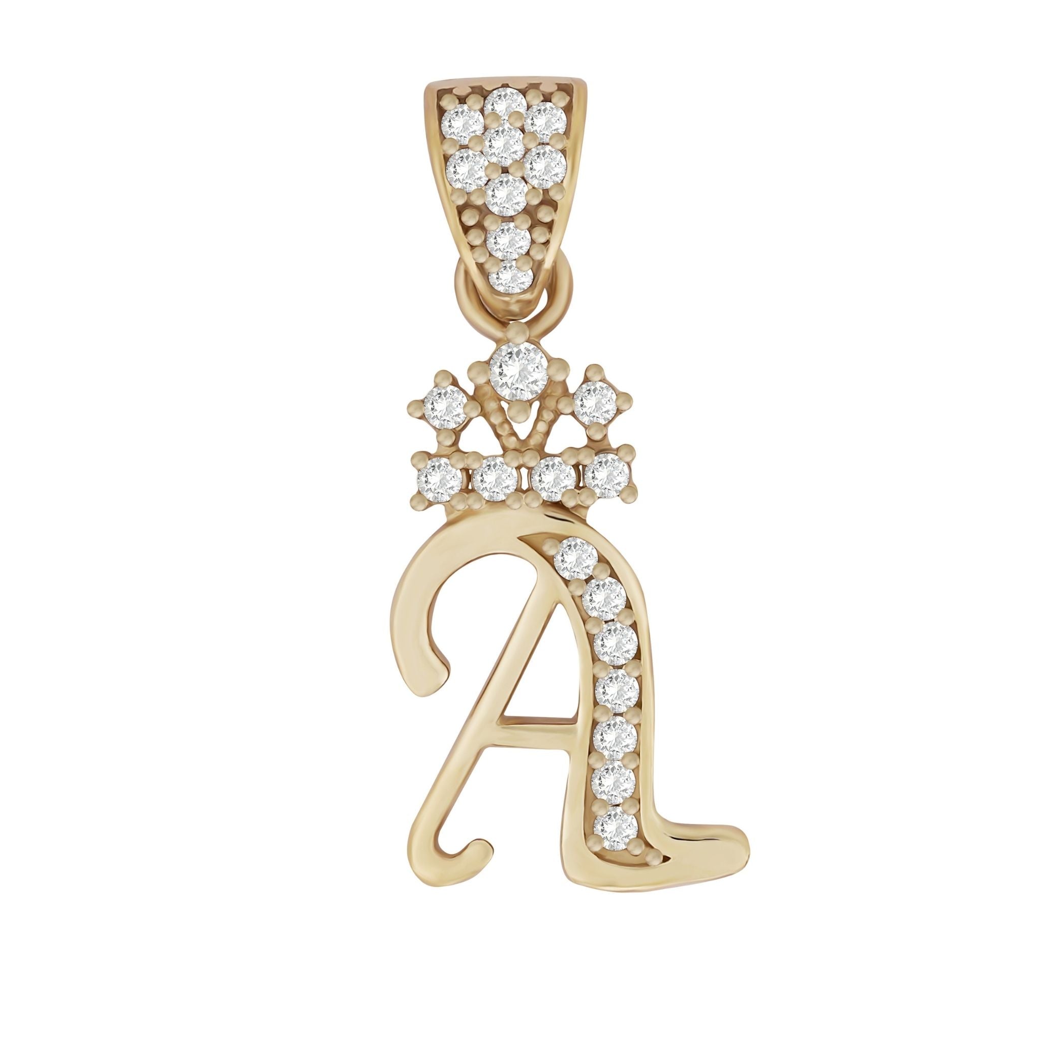 10k yellow gold cursive initial pendant featuring a crown and cubic zirconia stones.