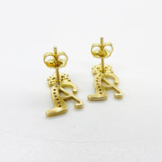Reverse side of 10k gold personalized cursive initial A earrings, featuring secure post-back closures.