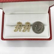 10k gold cursive letter H stud earrings with CZ crown accents beside a dime.