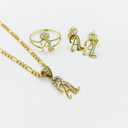 10k gold A initial collection including cursive stud earrings, matching ring, and gold pendant.