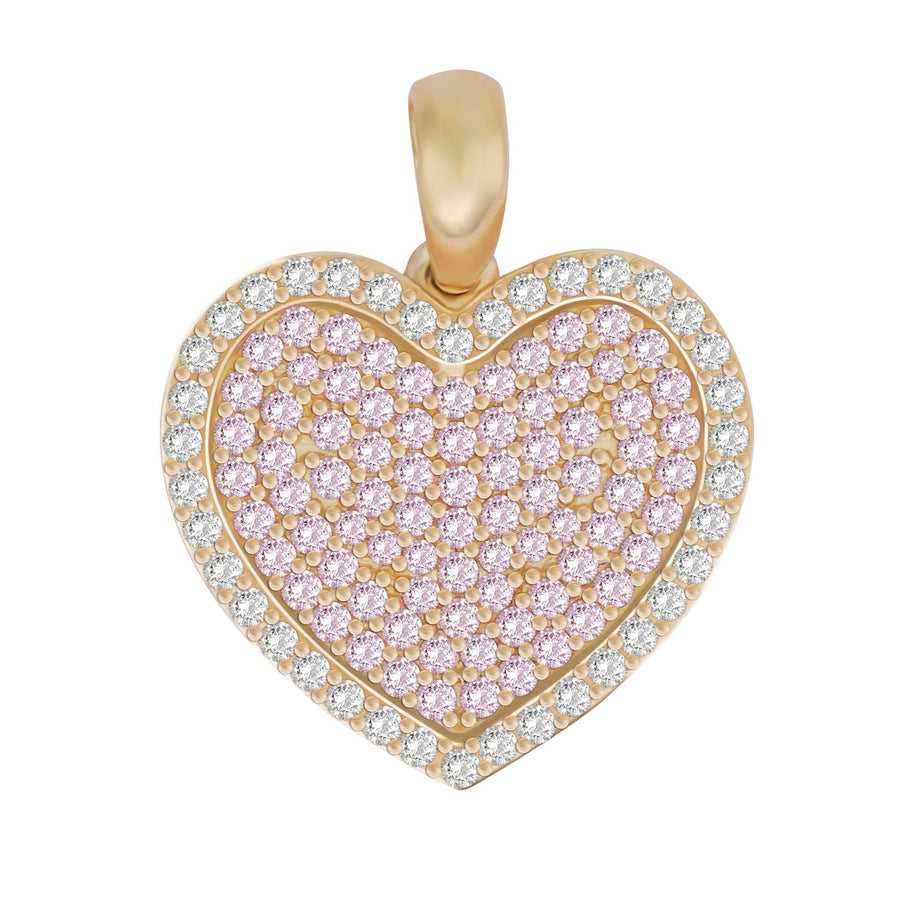 A heart-shaped yellow gold pendant with a center of light pink pavé stones and a clear stone border.