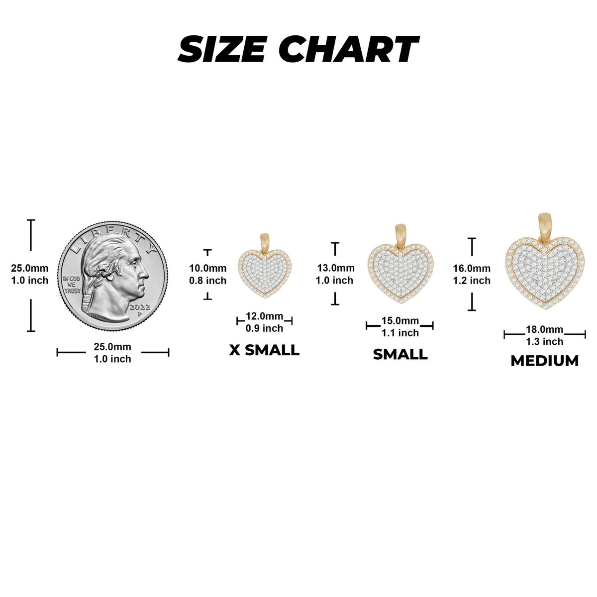 A size chart graphic displaying three heart pendant sizes with millimeter and inch measurements alongside a coin for scale.