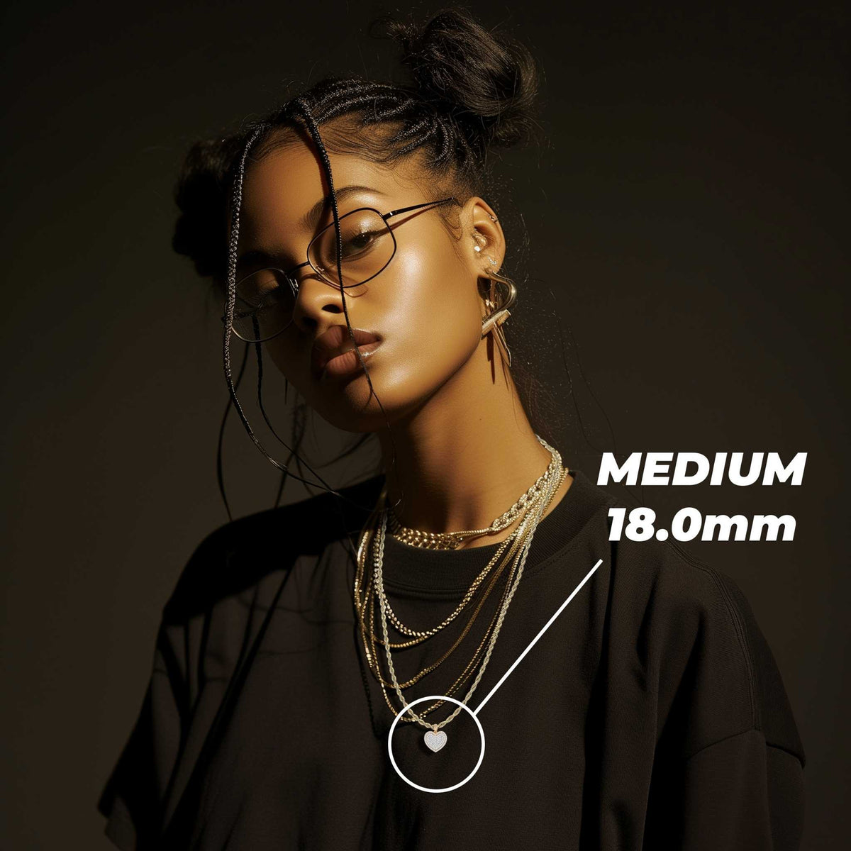 Woman wearing the medium 18.0mm gold and white heart pendant necklace.
