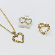 Matching 10k gold diamond-cut rollie heart jewelry set including earrings, a necklace, and a ring.