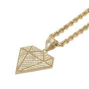10k yellow gold diamond-shaped pendant on a thick rope chain against white.