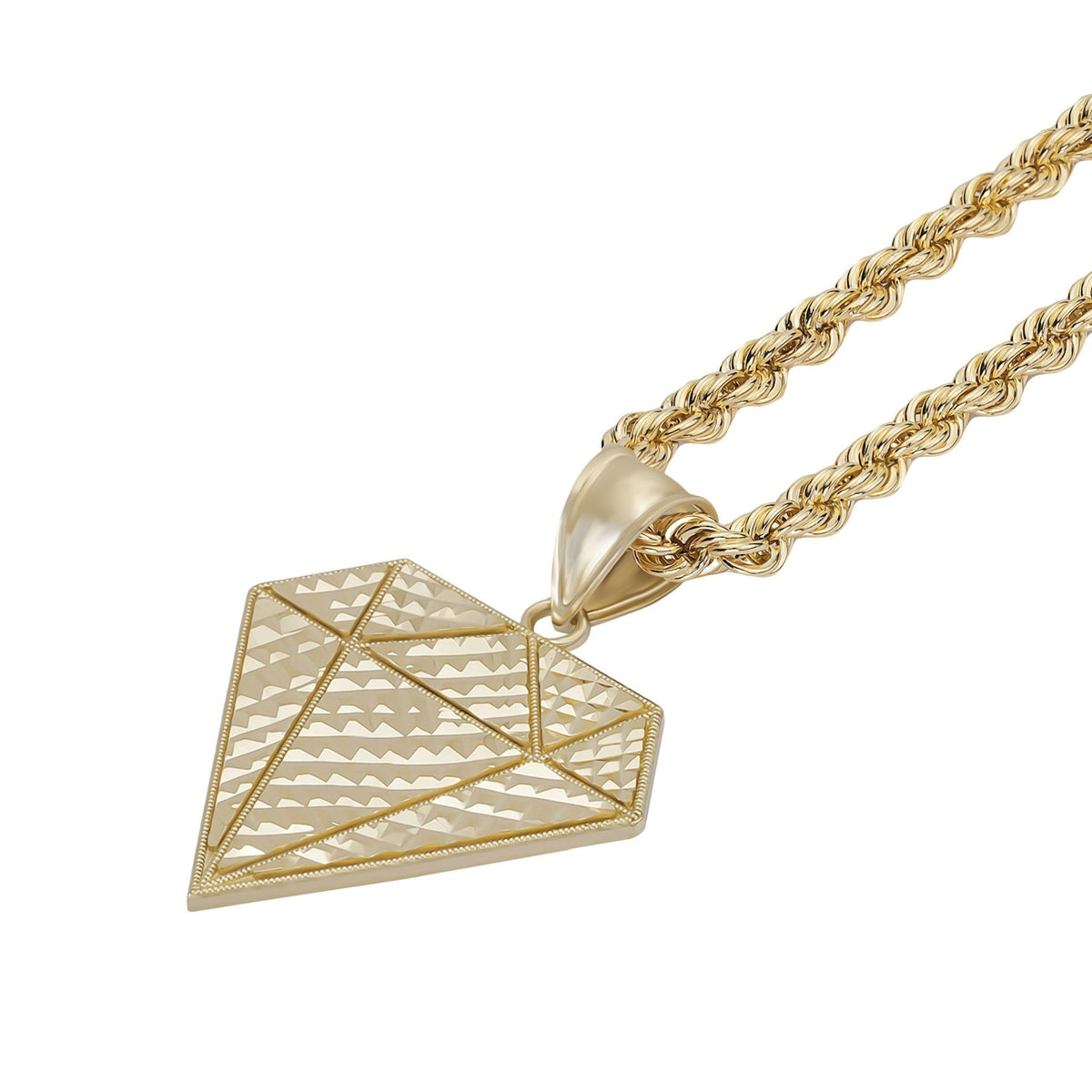 10k yellow gold diamond-shaped pendant on a thick rope chain against white.