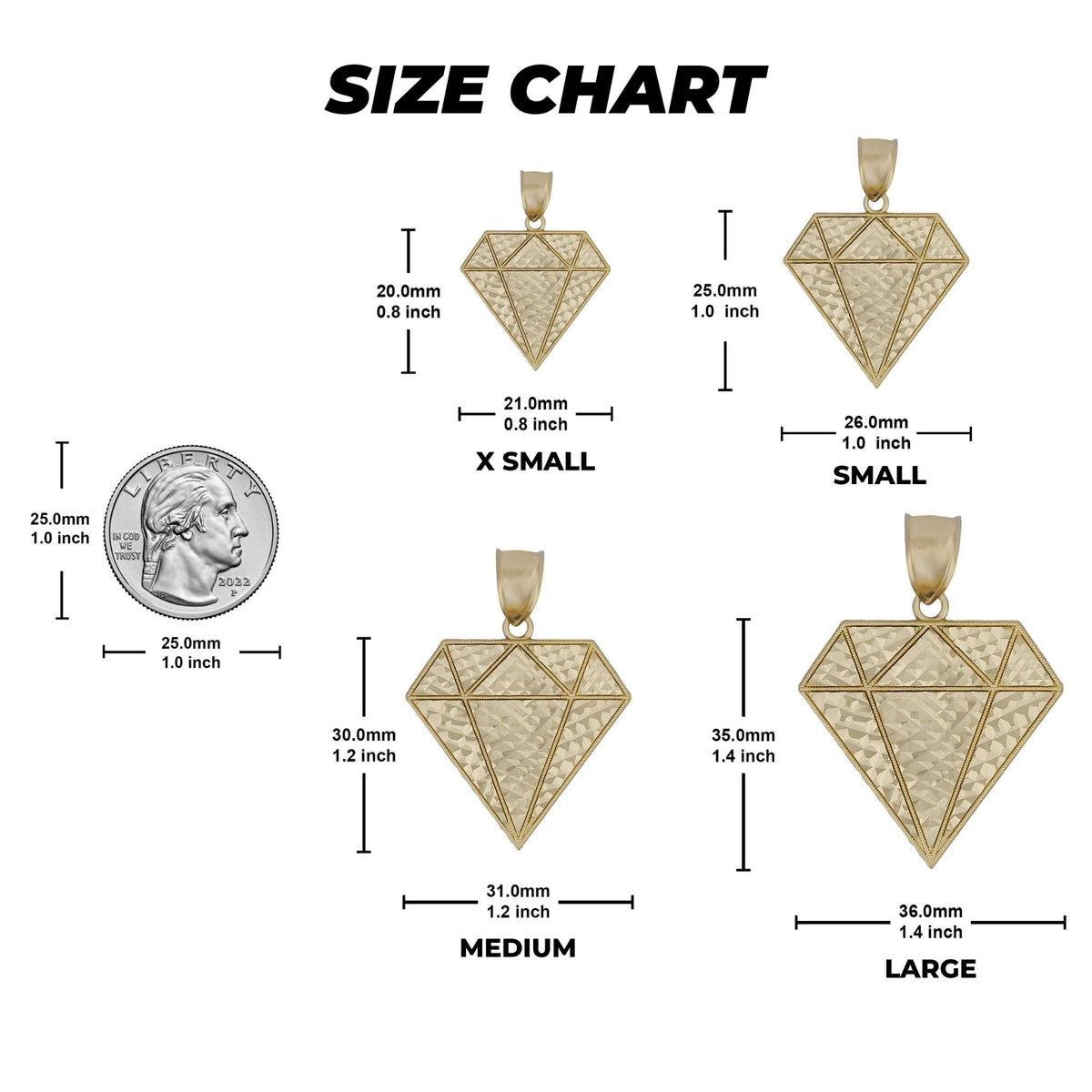 Size chart comparing four 10k gold diamond pendant dimensions with a US quarter.