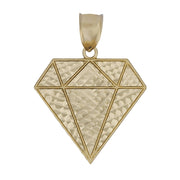 A yellow gold faceted diamond pendant with textured center and polished borders against white.