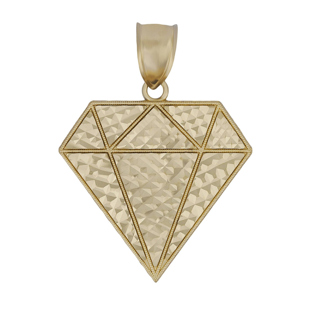 A yellow gold faceted diamond pendant with textured center and polished borders against white.