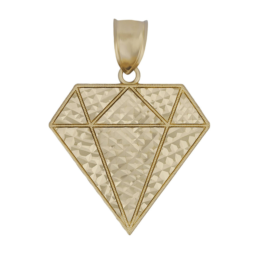 A yellow gold faceted diamond pendant with textured center and polished borders against white.