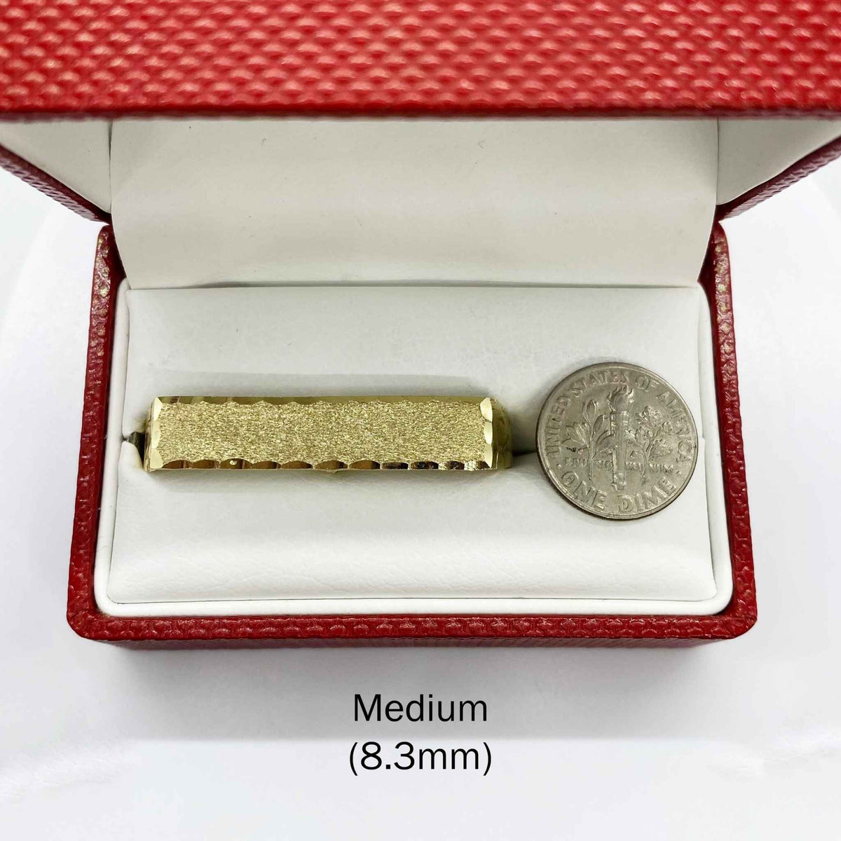10k Gold Classic Flat Double Finger and silver coin in a red box with measurement label