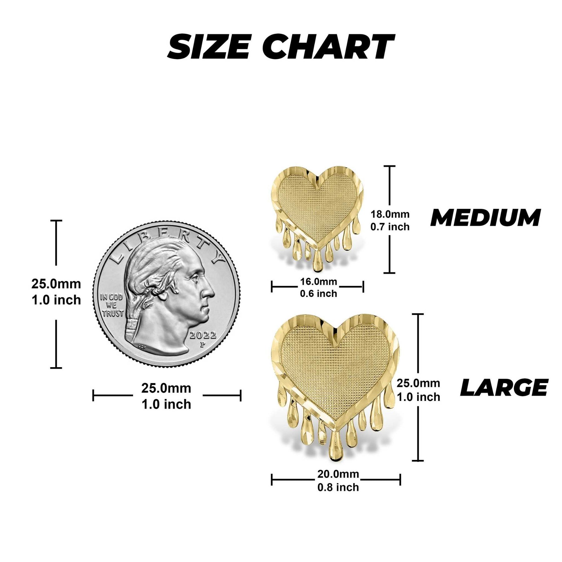 Size chart displaying medium and large gold dripping heart earrings with a quarter.