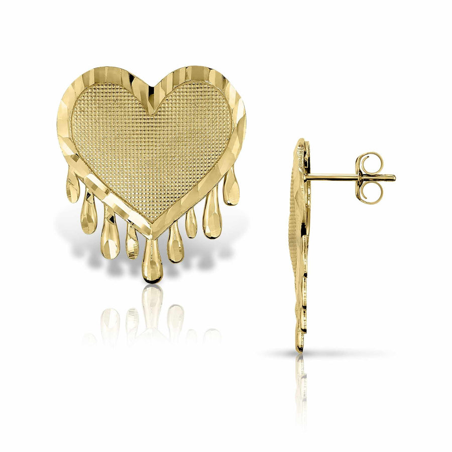 Front and side profile of 10k gold dripping diamond-cut heart stud earrings.