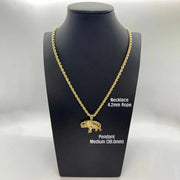 Medium 36.0mm 10k gold elephant pendant featured on a 4.2mm rope chain on a jewelry bust.