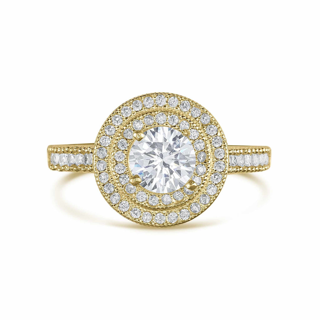 Front view of 10k gold Eli ring featuring a round double cubic zirconia halo.