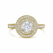 Front view of 10k gold Eli ring featuring a round double cubic zirconia halo.