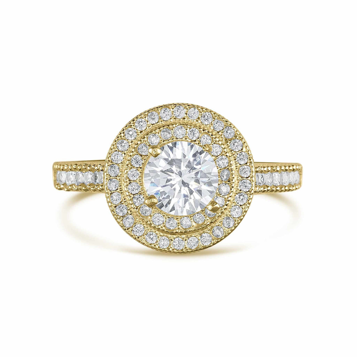 Front view of 10k gold Eli ring featuring a round double cubic zirconia halo.