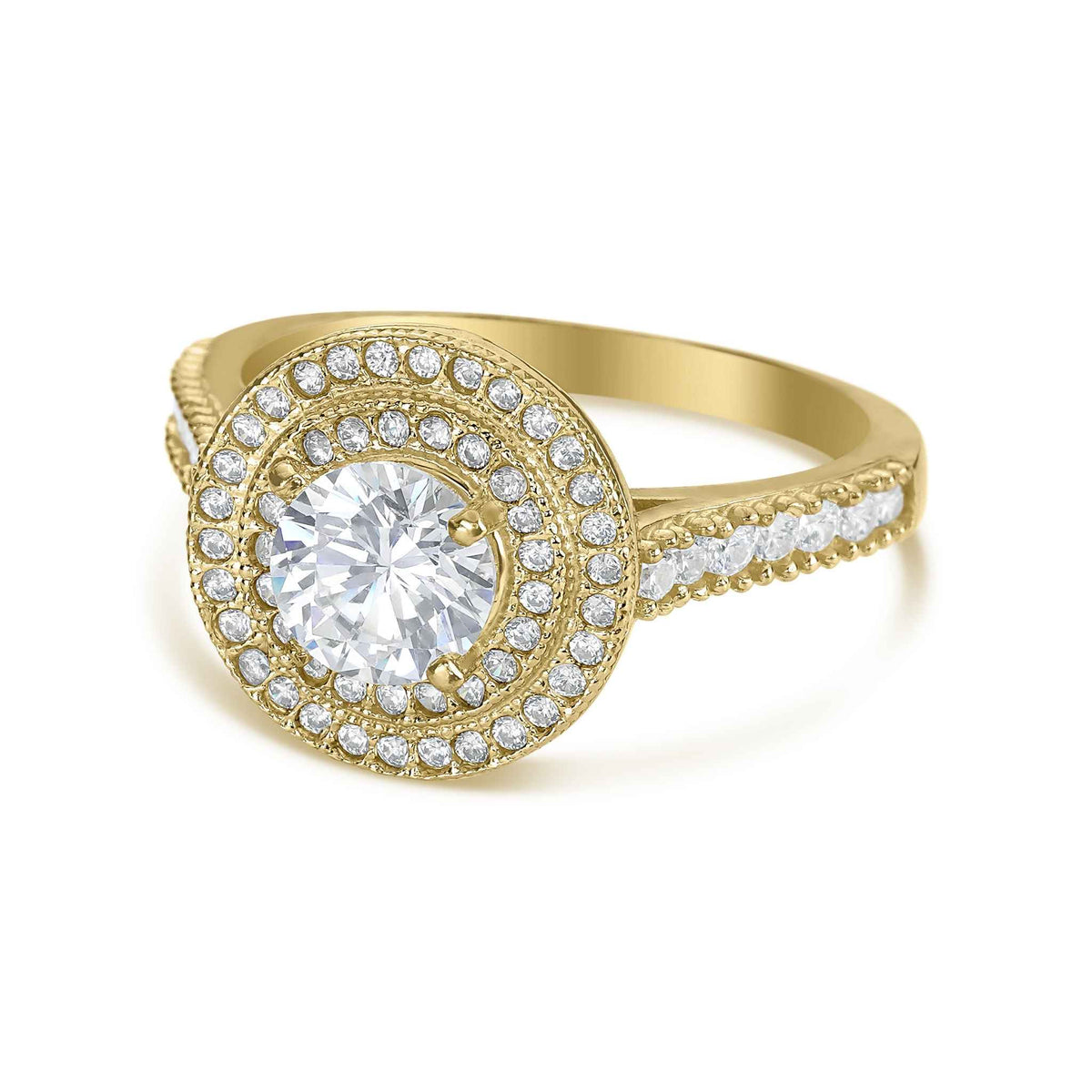 Side view of 10k gold Eli ring with double round cubic zirconia halo.