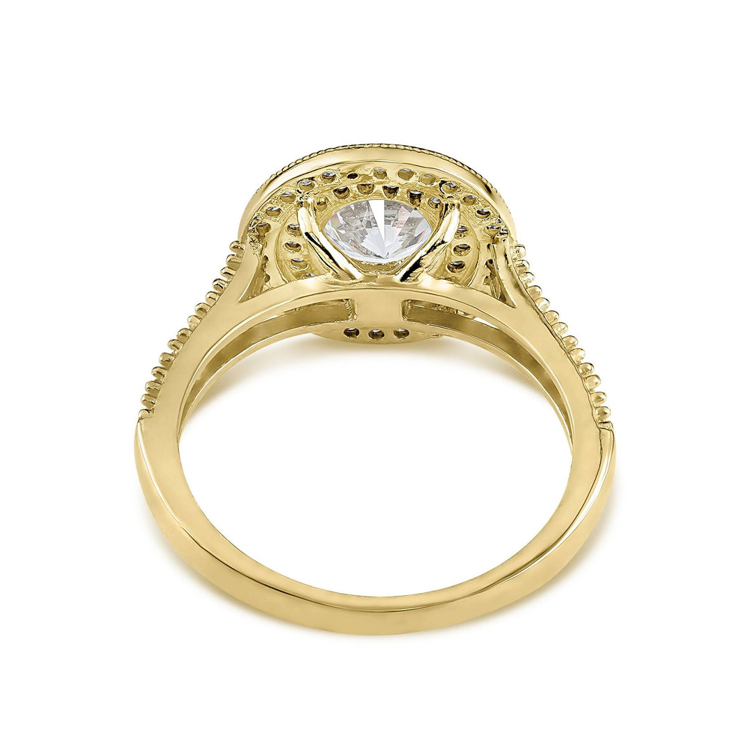 Inner view of 10k gold Eli ring showing the band and round cubic zirconia under-gallery.