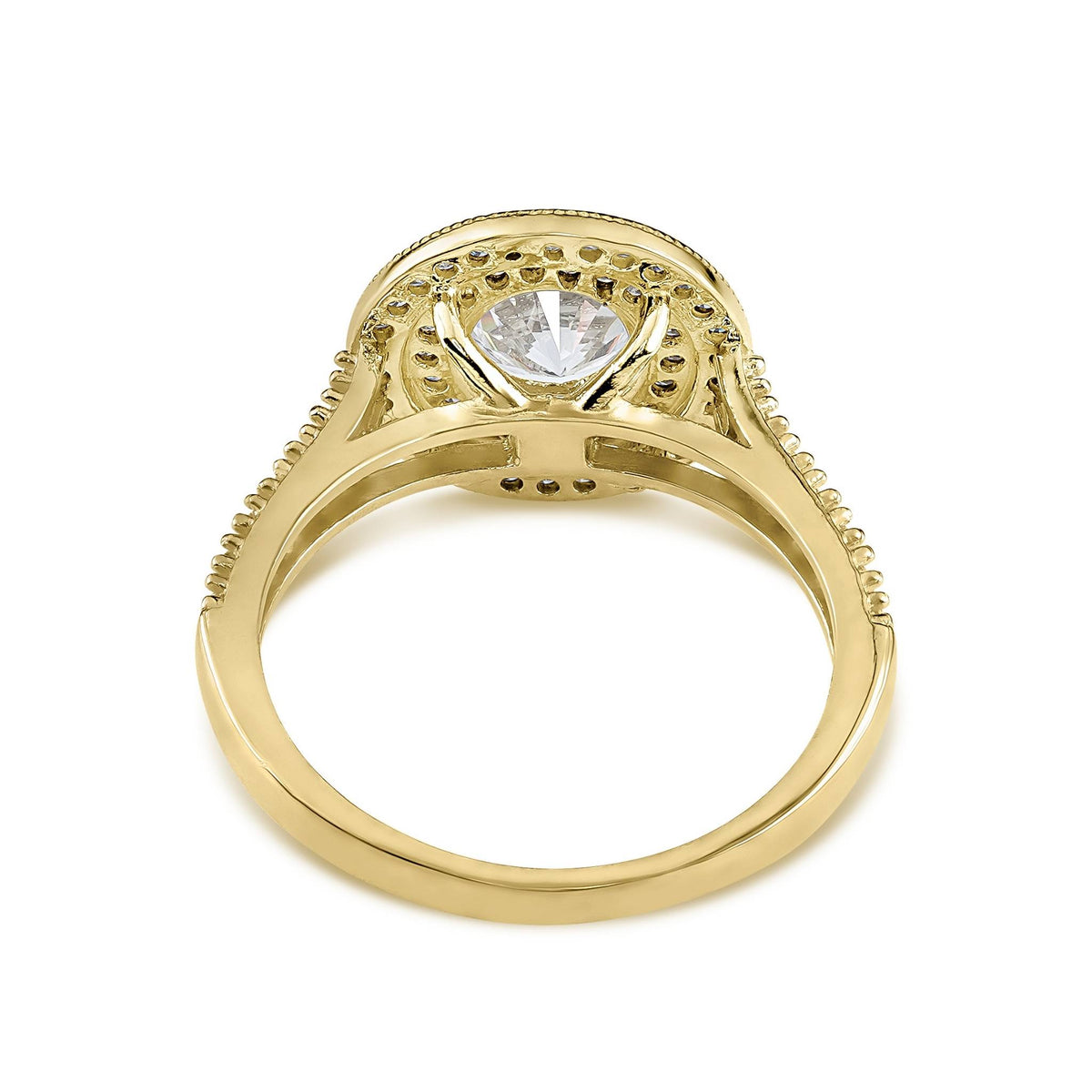 Inner view of 10k gold Eli ring showing the band and round cubic zirconia under-gallery.