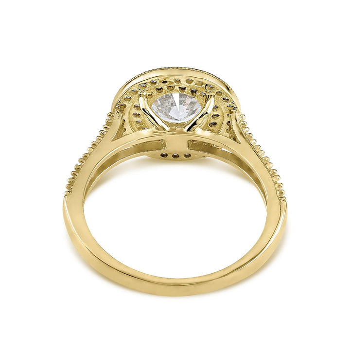 Inner view of 10k gold Eli ring showing the band and round cubic zirconia under-gallery.