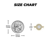 Gold Eli round halo cubic zirconia ring size chart with millimeter measurements next to a quarter.