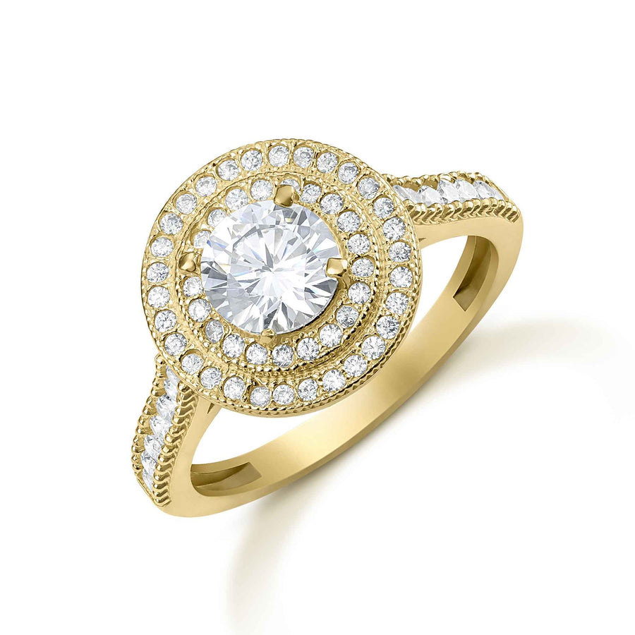 Angled view of 10k gold Eli ring with a round double halo of cubic zirconia.