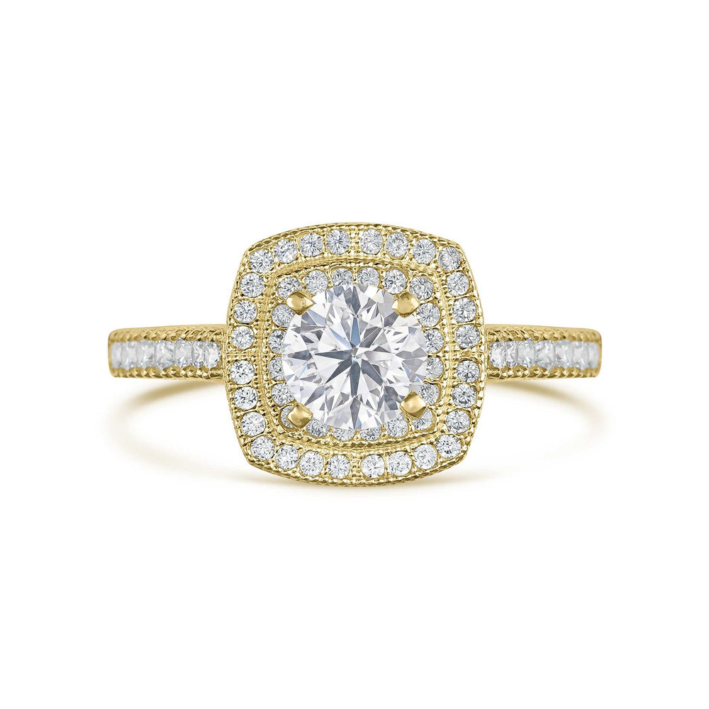 Front view of 10k gold Eli ring featuring a square double cubic zirconia halo.